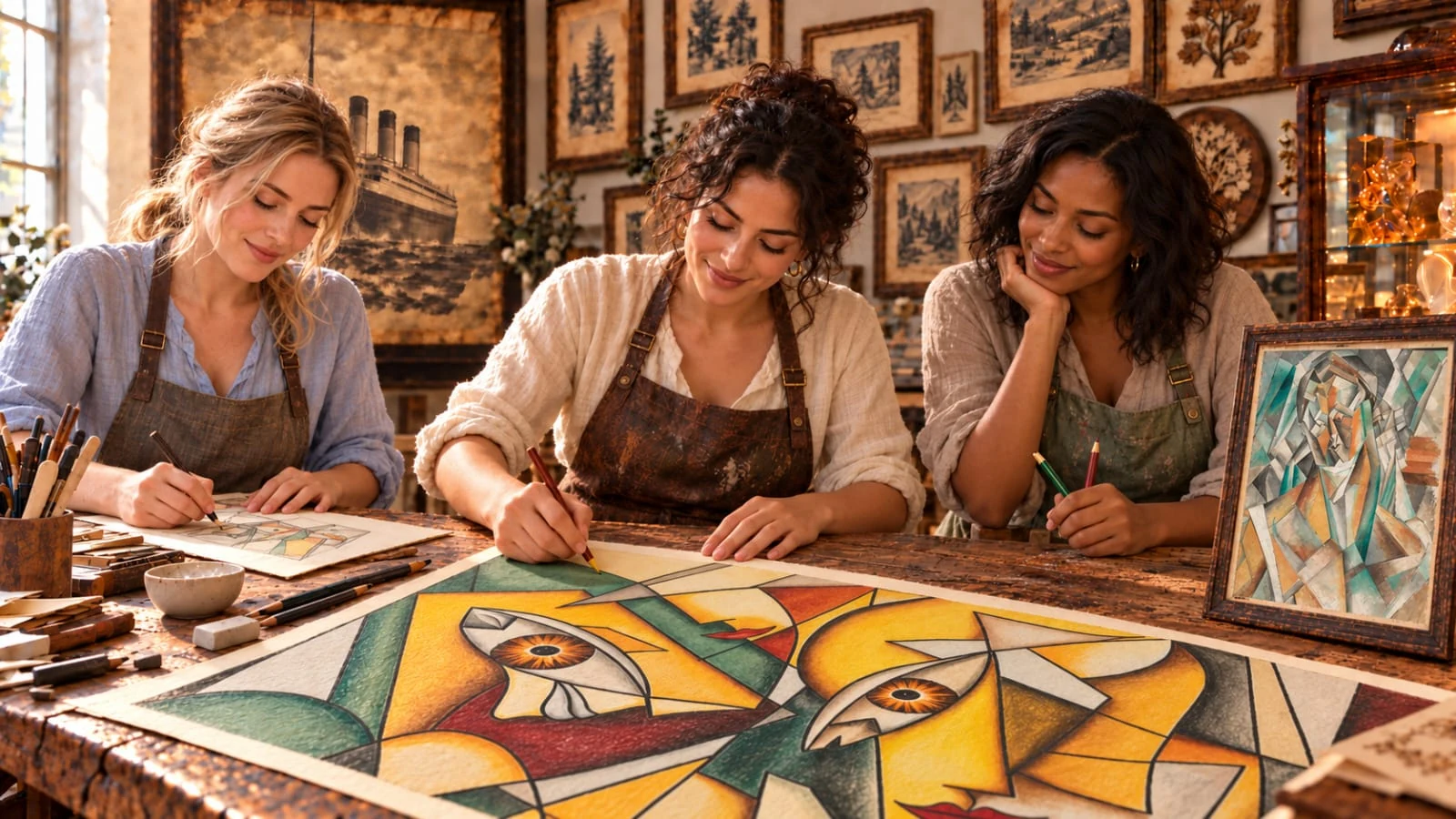 Three artists developing bespoke artwork designs together at a workshop table