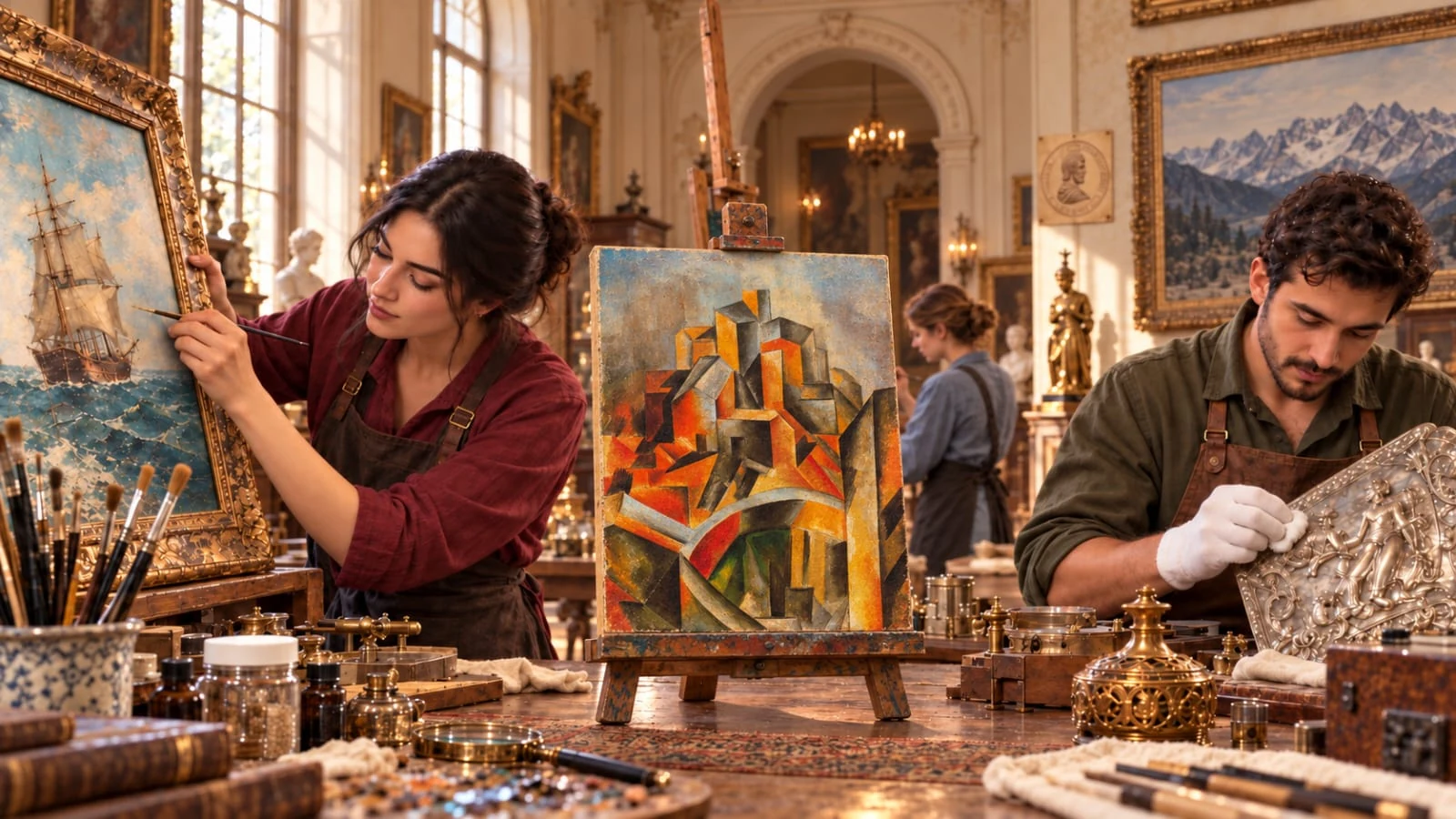 Art conservators restoring a framed painting and polishing an ornate metal relief