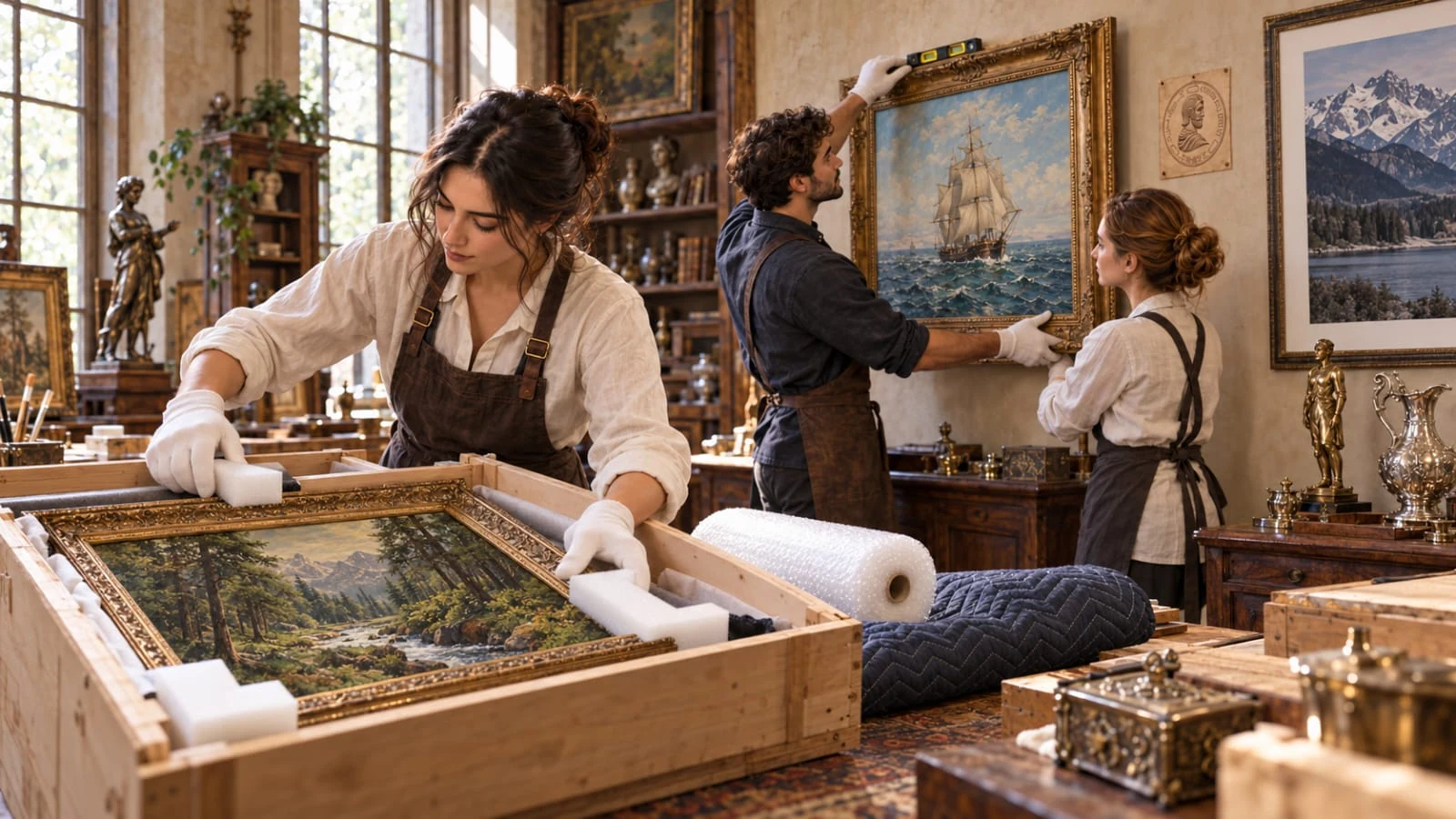 Art handlers packing a framed painting and installing another artwork in a workshop